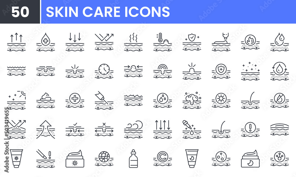 Skin Care vector line icon set. Contains linear outline icons like Acne, Sunscreen, Cream, Healthy Skin, Collagen, Wrinkle, Moisturizing, Cosmetic, Dermatology, Serum. Editable use and stroke. Skin Care vector line icon set. Contains linear outline icons like Acne, Sunscreen, Cream, Healthy Skin, Collagen, Wrinkle, Moisturizing, Cosmetic, Dermatology, Serum. Editable use and stroke.