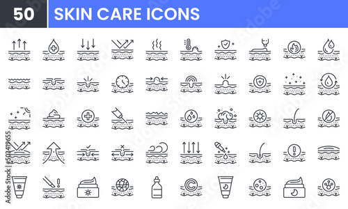 Skin Care vector line icon set. Contains linear outline icons like Acne, Sunscreen, Cream, Healthy Skin, Collagen, Wrinkle, Moisturizing, Cosmetic, Dermatology, Serum. Editable use and stroke.