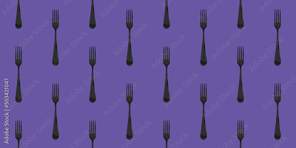 Seamless pattern. Fork top view on fiolet background. Template for applying to surface. Flat lay. Banner for insertion into site. 3D image. 3D rendering.