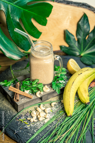 Tasty organic cinnamon banana shake photo