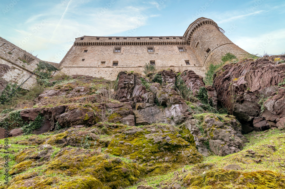Fototapeta premium Bottom view of the ancient and imposing castle of Bardi, Parma, Italy