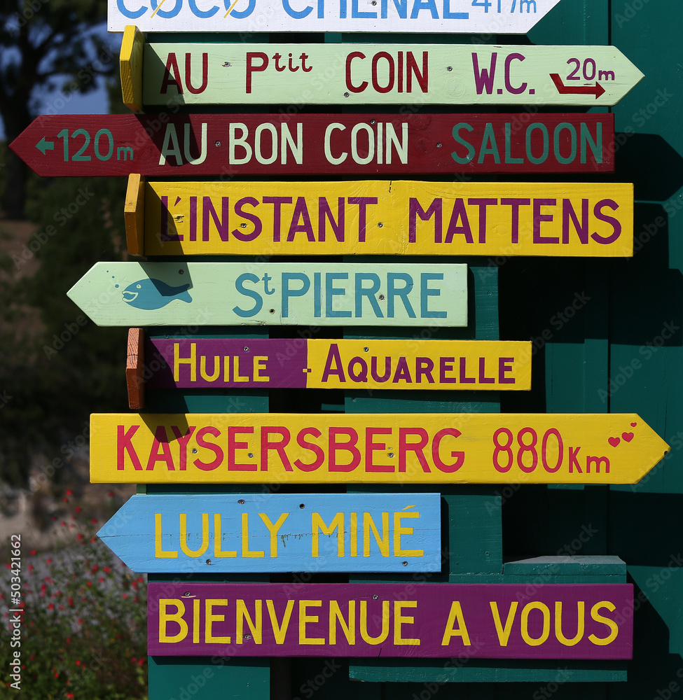 signboards on painted house in Oleron island , France