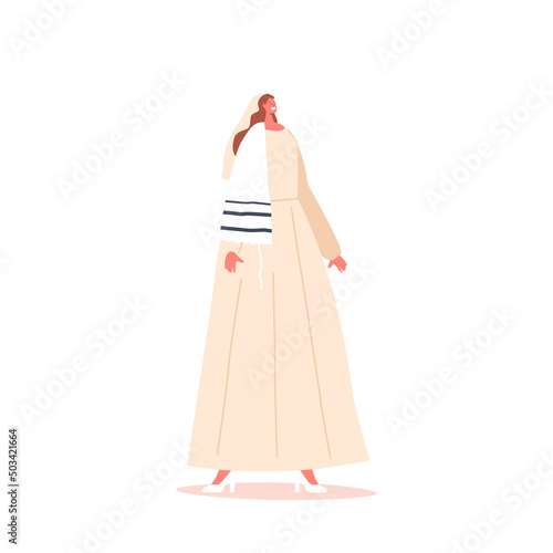 Happy Jewish Bride Female Character in Long Dress Isolated on White Background. Wedding Ceremony, Marriage