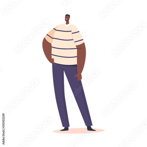 Black Single Male Character Wear Striped T-Shirt and Blue Trousers Isolated on White Background. Positive African Man
