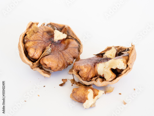 A cracked walnut on a white background