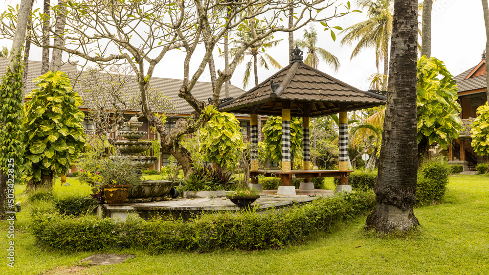 Beautiful garden in Legian beach villa, green lush garden in Bali, Indonesia Beautiful garden in Legian beach villa, green lush garden in Bali, Indonesia