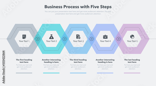 Modern business process template with five colorful steps. Easy to use for your website or presentation.