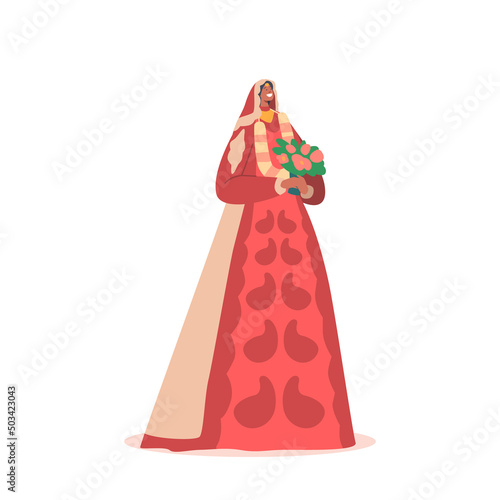 Happy Indian Bride Character in Long Red Dress with Bouquet Isolated on White Background. Wedding Ceremony in India