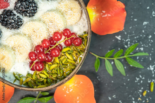 Fresh and delicious organic vegan fruit bowl photo