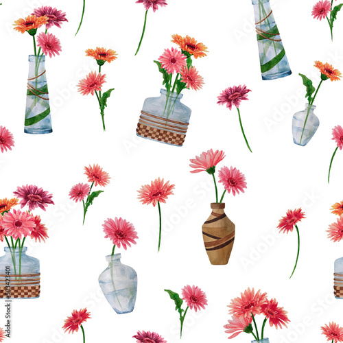 Watercolor seamless pattern with gerberas, vases with gerberas, bouquets isolated on white background. Template use for design florist shop, for decoration botanical book, wallpaper, wrapping paper.