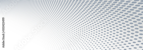 Grey dots in 3D perspective vector abstract background, dotted pattern cool design, wave stream of science technology or business blank template for ads.