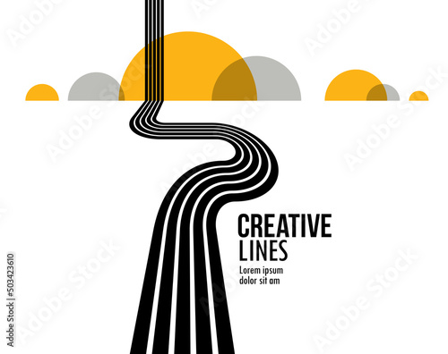 Linear composition vector road to horizon, abstract background with lines in 3D perspective, optical illusion op art, black and yellow colors.