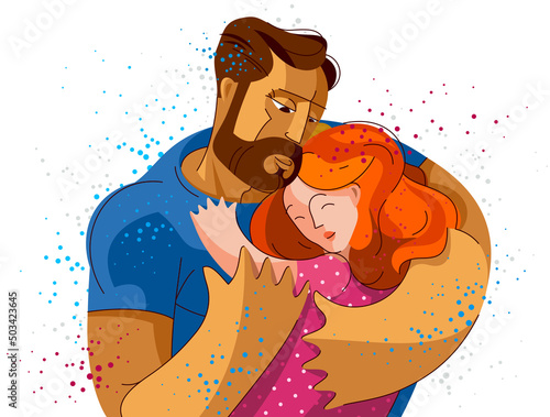 Father hugging his small daughter girl with love and care, fatherhood and parenting family lifestyle theme vector beautiful illustration.