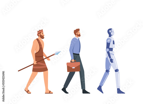 Mankind Development Concept. Male Character Evolution from Caveman to Businessman and Cyborg. Robot Growth Process