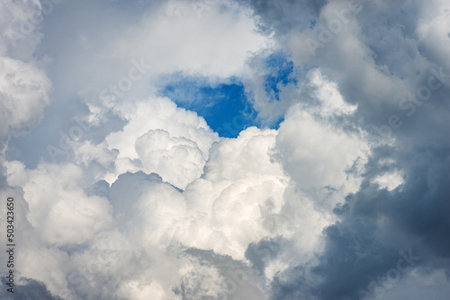 Beautiful storm clouds, cumulus clouds or cumulonimbus against a clear blue sky. Photography, full frame, sky only.