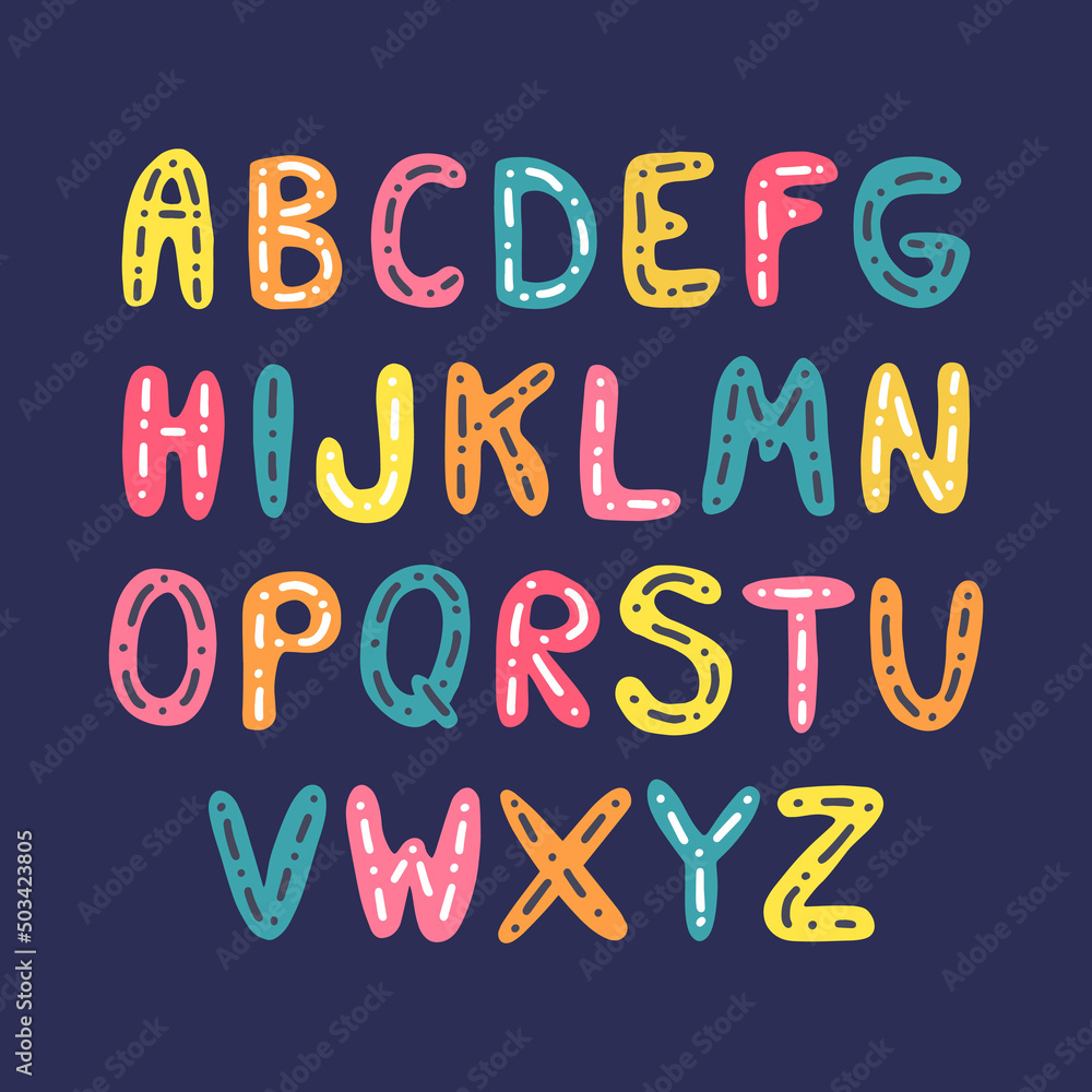 Cute colorful vector English alphabet for kids in hand drawn style