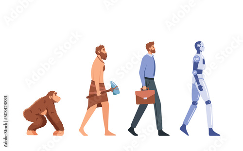 Human Evolution, Mankind Development Concept. Monkey, Caveman, Businessman, Cyborg. Male Character Evolving