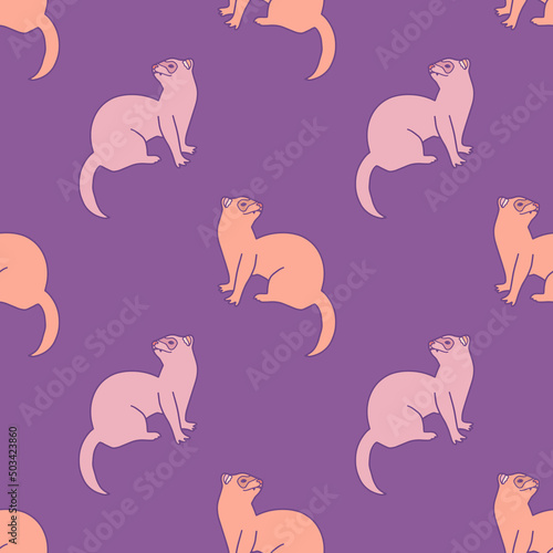 Cute ferrets on purple background, vector seamless pattern