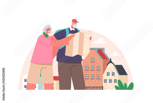 Aged Persons in Voyage Abroad. Senior Tourist Couple Characters with Luggage Watching Map in Trip, Elderly People Travel