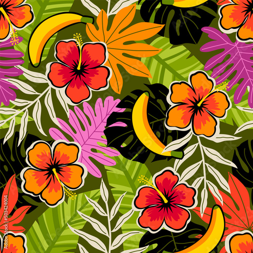 Hand drawn hibiscus  banana and tropical leaf seamless pattern for summer holidays background.