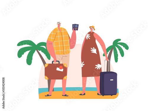 Senior Tourists Couple Visiting in Exotic Country. Old Woman and Man Characters with Luggage and Passports in Journey