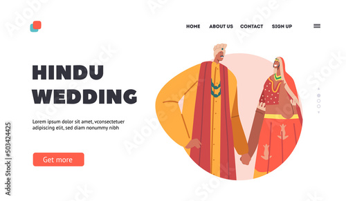 Hindu Wedding Landing Page Template. Newlywed Indian Man and Woman Wear Beautiful Dresses Celebrate Wedding Ceremony