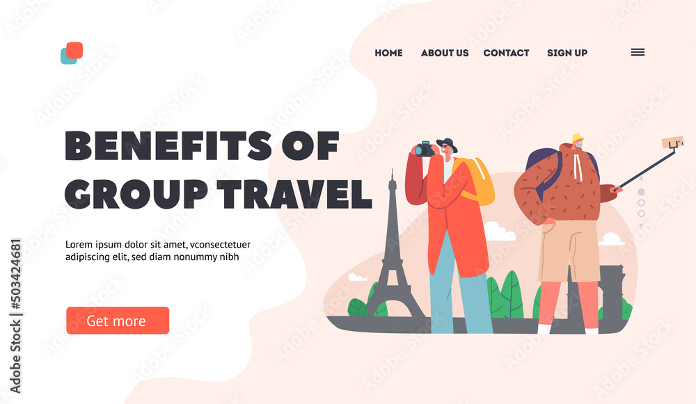 Pensioners Travelers Landing Page Template. Senior Tourist Characters Watching Sightseeing and Making Pictures or Selfie