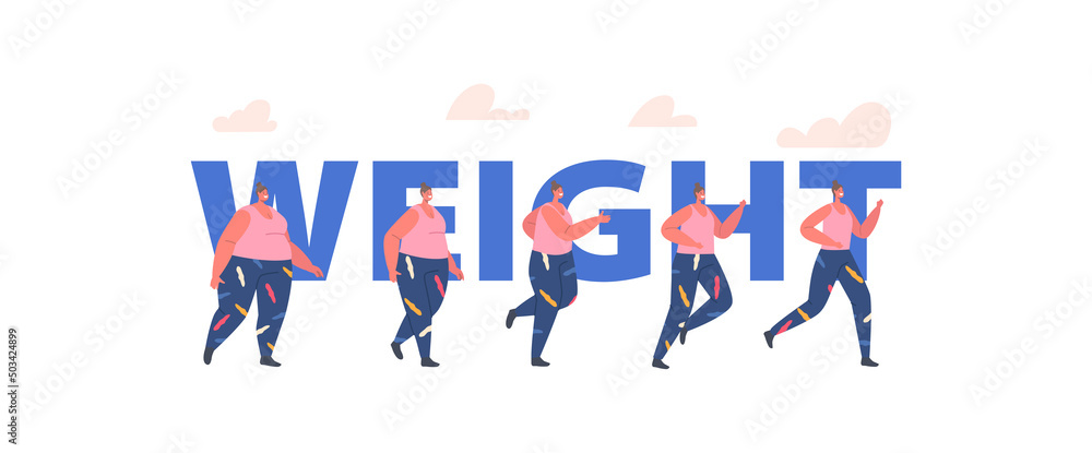 Obraz premium Weight Loss, Transformation Stages of Obese Woman Concept. Girl Turning into Healthy Body, Sport Training