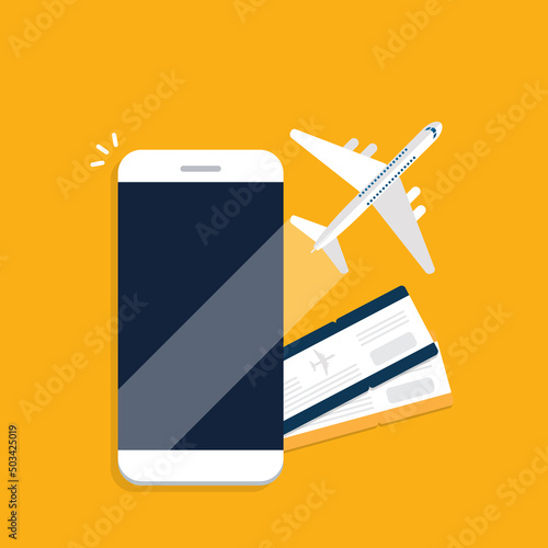 Booking online tickets .Buy or check in. Vector Illustration of online ticket, tourism and travel, vacation and journey by plane.	