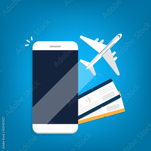 Booking online tickets .Buy or check in. Vector Illustration of online ticket, tourism and travel, vacation and journey by plane.	
