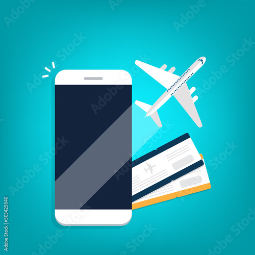 Booking online tickets .Buy or check in. Vector Illustration of online ticket, tourism and travel, vacation and journey by plane.	