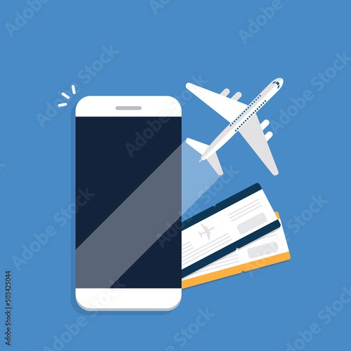 Booking online tickets .Buy or check in. Vector Illustration of online ticket, tourism and travel, vacation and journey by plane.	