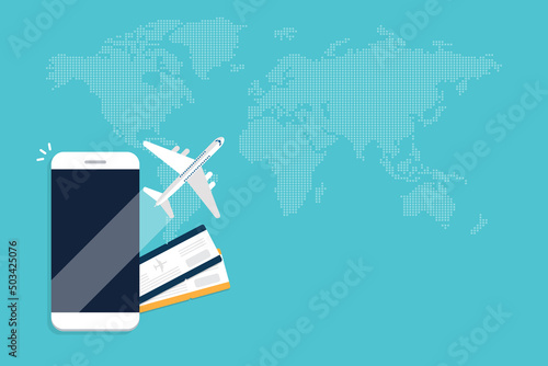 Booking online tickets .Buy or check in. Vector Illustration of online ticket, tourism and travel, vacation and journey by plane.	