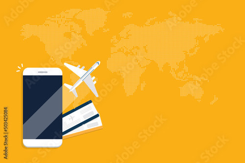 Booking online tickets .Buy or check in. Vector Illustration of online ticket, tourism and travel, vacation and journey by plane.	