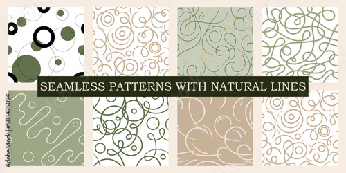 Vector collection of seamless patterns with natural lines. Smooth and organic templates with lines, waves, curls, circles perfect for textiles and fabric, wallpaper, wrapping paper.