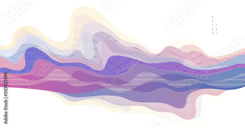 Nature art oriental Japanese style vector abstract background, runny like water shapes and lines with textures.