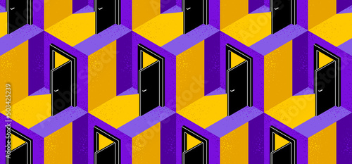 Doors seamless vector background, surreal 3D dimensional interior theme.