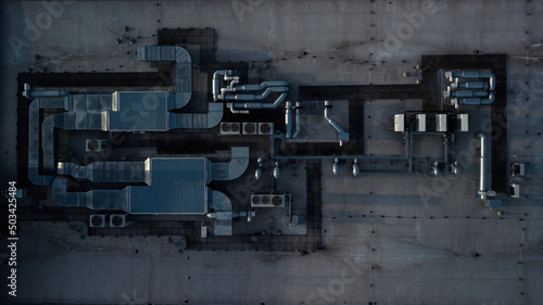 Air conditioning equipment atop a modern building - aerial/drone view of the roof with all the necessary installations © lightpoet