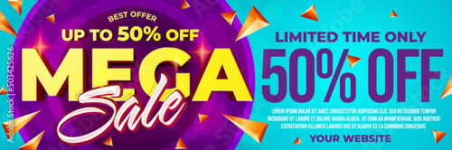 Up to fifty percent off mega sale promo template. Limited time only price discount design. Best offer advertisement banner vector illustration