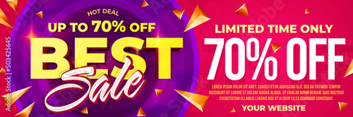 Up to 70 percent off best sale offer banner. Limited time only hot deal poster template. Price discount advertisement vector illustration