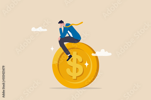 Thinking about money decision, financial planning or investment strategy, profit and loss, expense or tax concept, thoughtful businessman investor thinking about where to invest on dollar coin money.