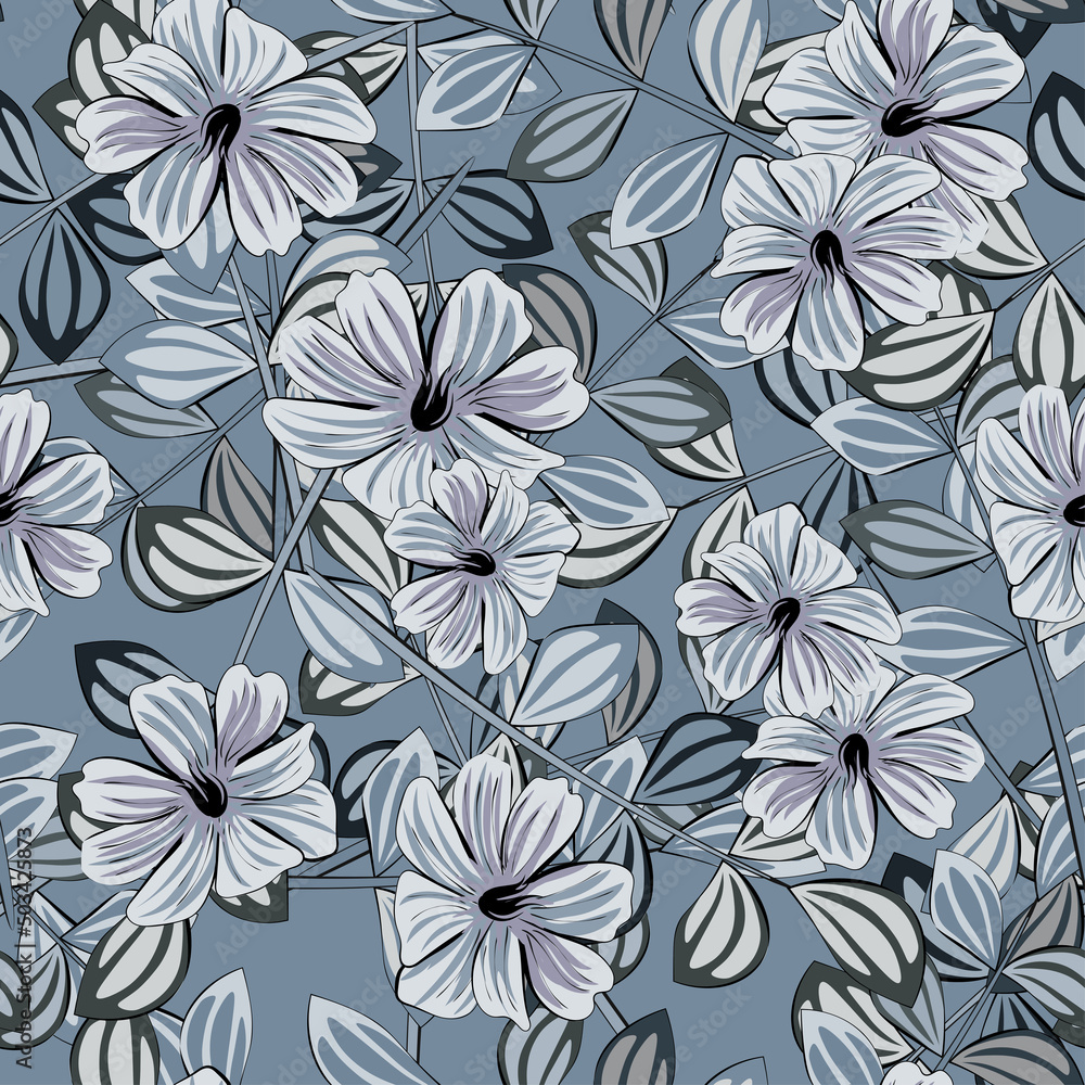 Grey seamless background with Cosmos wildflowers and grass. Pattern for printing on the material, advertising booklets. Stylized as a watercolor.