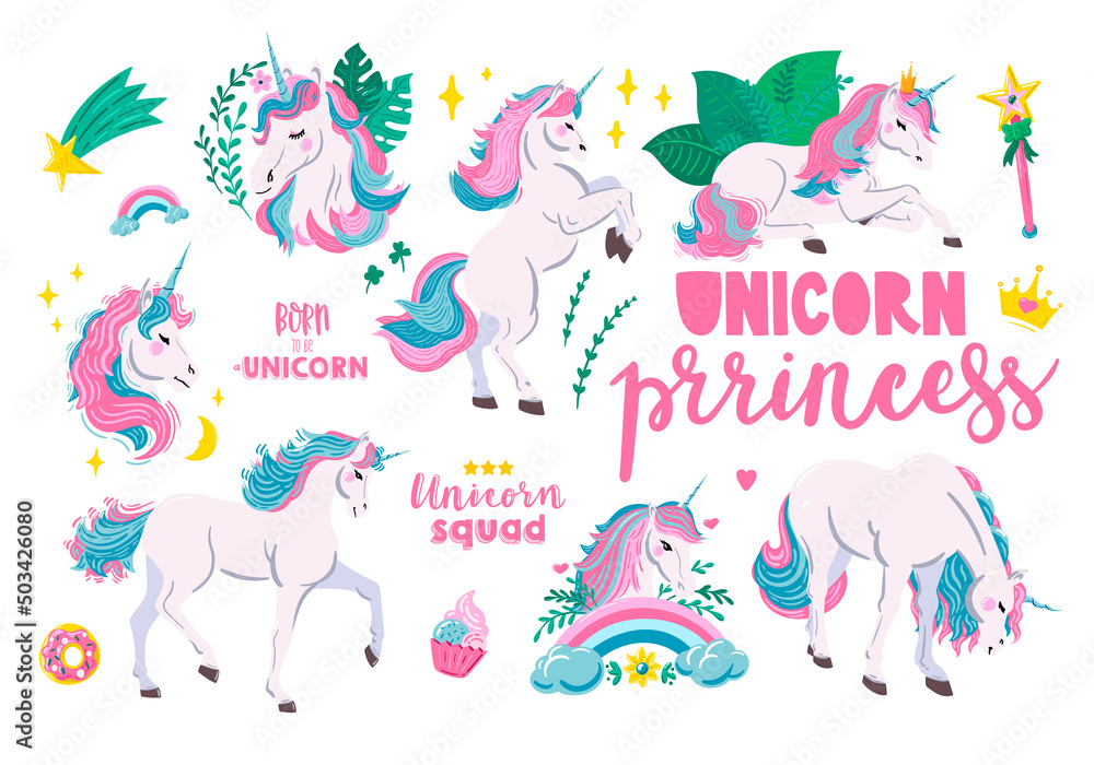 Unicorn stickers. Vector unicorn sticker sheet. Unicorn illustrations ...