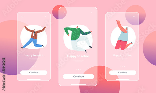 Happy Senior People Jumping Mobile App Page Onboard Screen Template. Aged Characters Jump and Laugh and Joy Concept