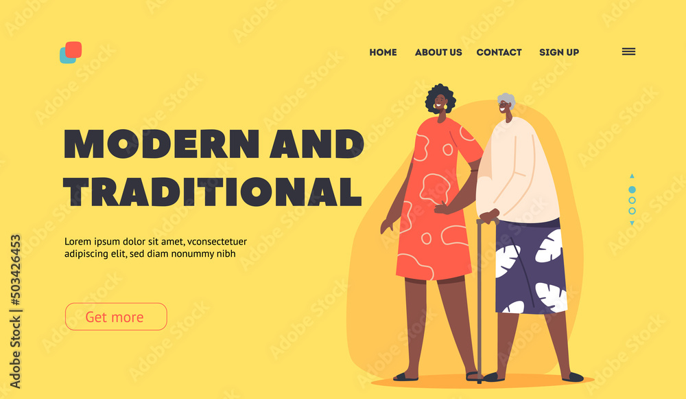 Modern and Traditional Landing Page Template. Senior and Young African Female Characters. Positive Black Women