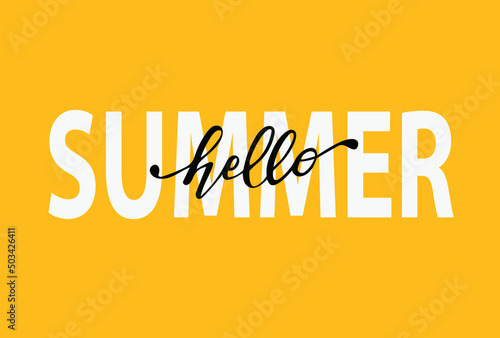 Hello summer. Vector hand lettering. White and black letters on the Daffodil color background. Trendy calligraphy. Stylish design for summer decorating banner  brochure calendar. Sand color.
