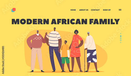 Big Happy Modern African Family Landing Page Template. Characters Parents, Grandparents and Children Stand Together