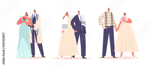 Set Jewish Couples Wedding Ceremony, Contemporary Jew Groom and Bride Characters Wear Festive Clothes, Modern Newlywed