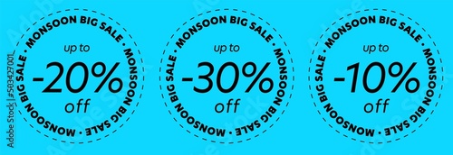 Monsoon big sale sticker template design. Up to 20, 30, 10 percent price off discount label with special shopping offer. Promotion badge with market clearance vector illustration
