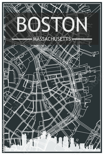 Dark printout city poster with panoramic skyline and streets network on dark gray background of the downtown BOSTON, MASSACHUSETTS